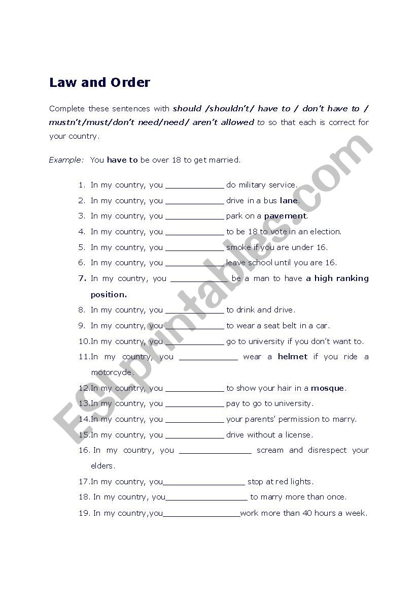Law and Order worksheet