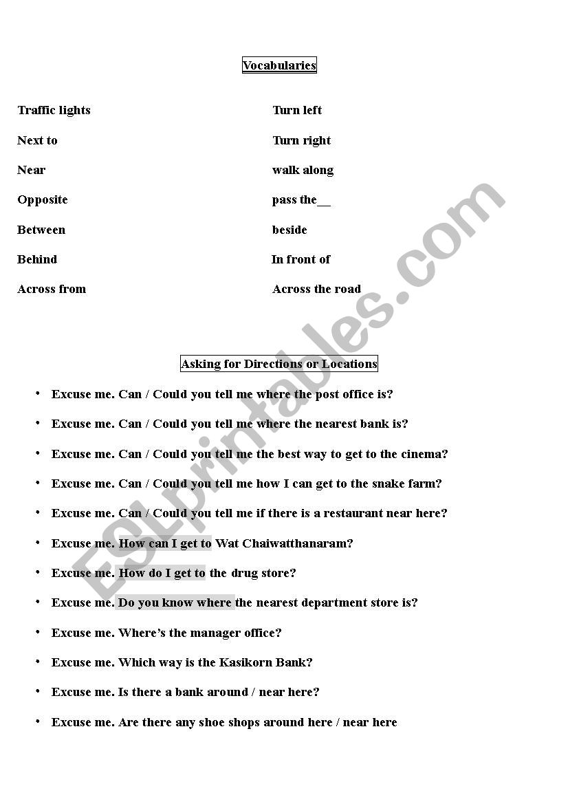 asking Direction worksheet