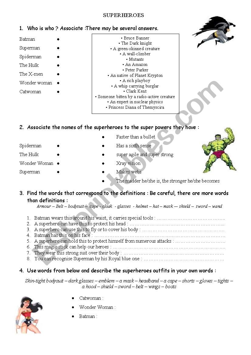Introducing superheroes worksheet