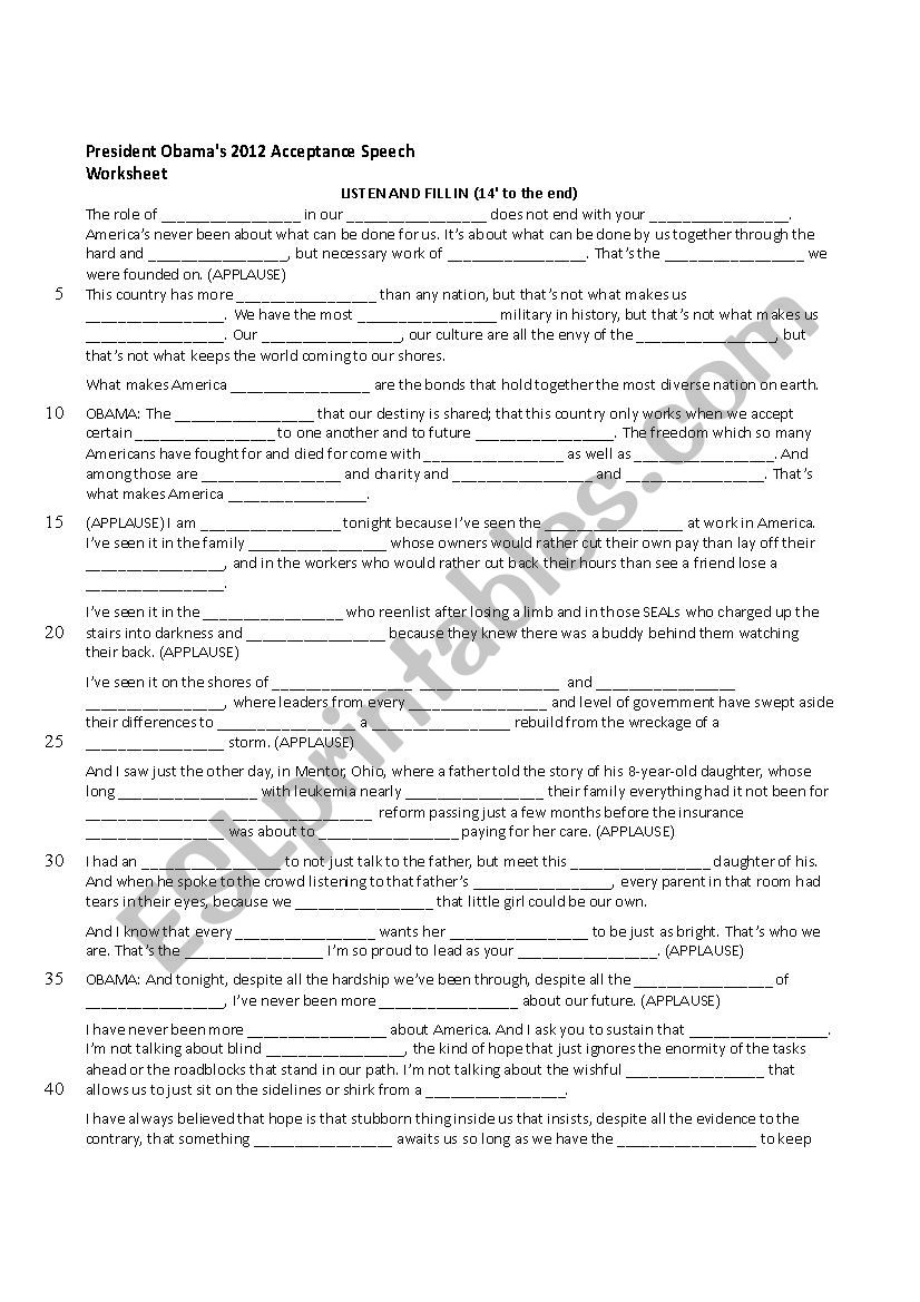 President Obama´s 2012 Acceptance Speech - ESL worksheet by sullen1980