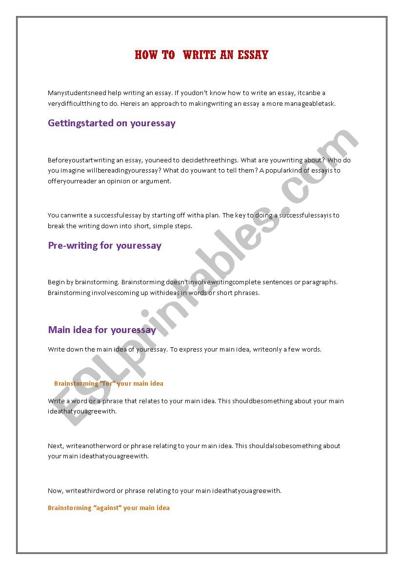 How to write an essay worksheet