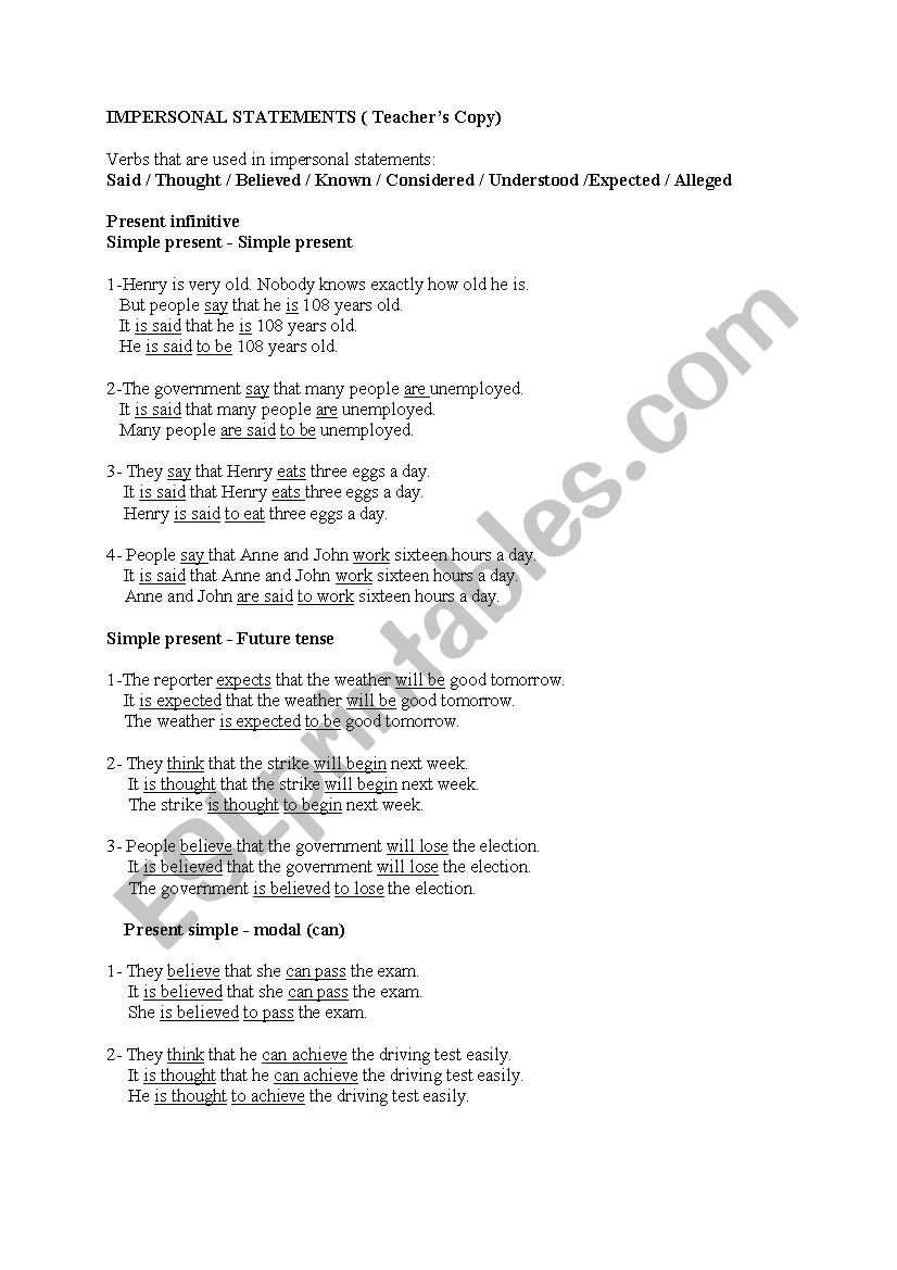 Impersonal Statements worksheet