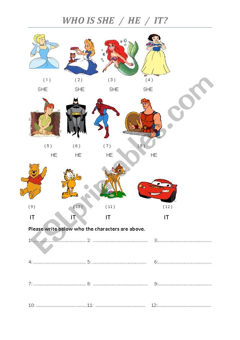 Subject Pronouns : He she it worksheet