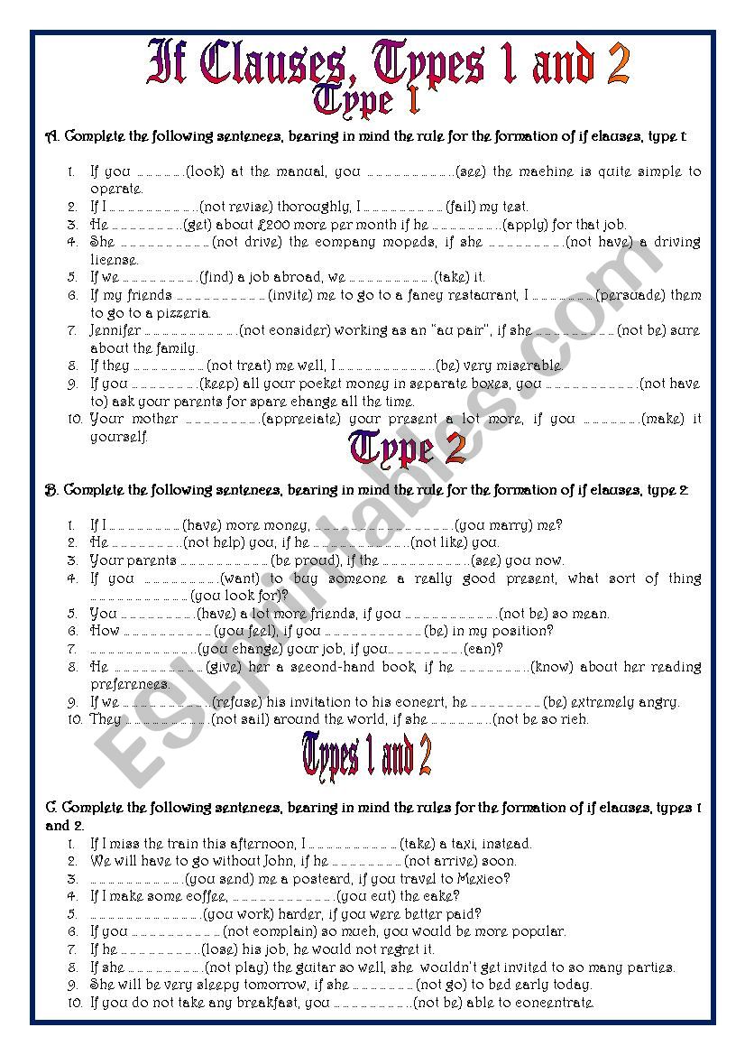 If clauses, types I and II worksheet