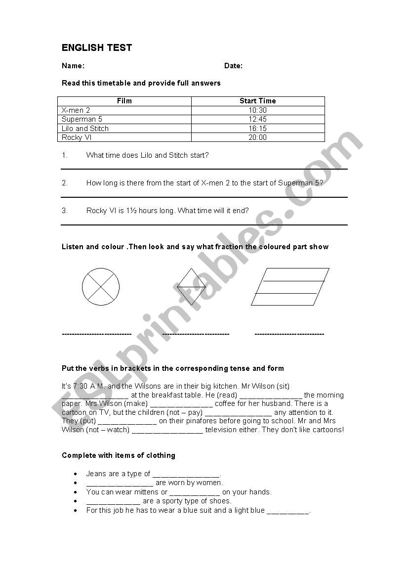English test worksheet