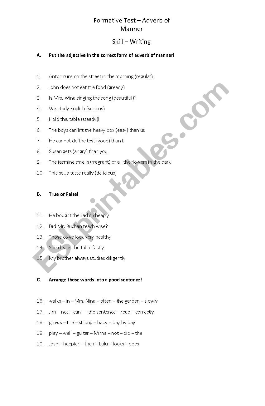 adverb of manner exercise worksheet