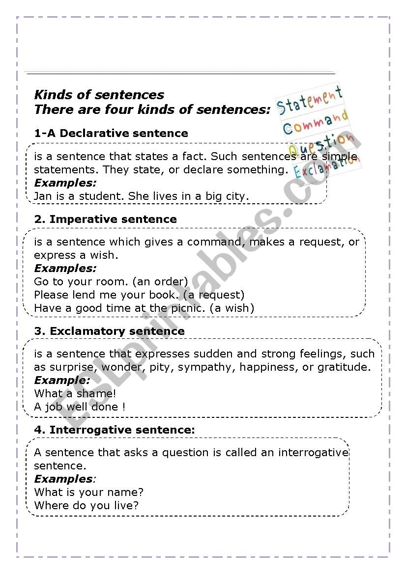 KIND OF SENTENCES ESL Worksheet By Doaateacher2004