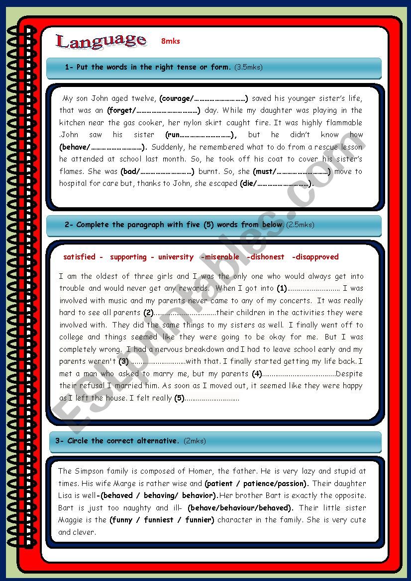 End of term test 1 for 9th formers language and writing