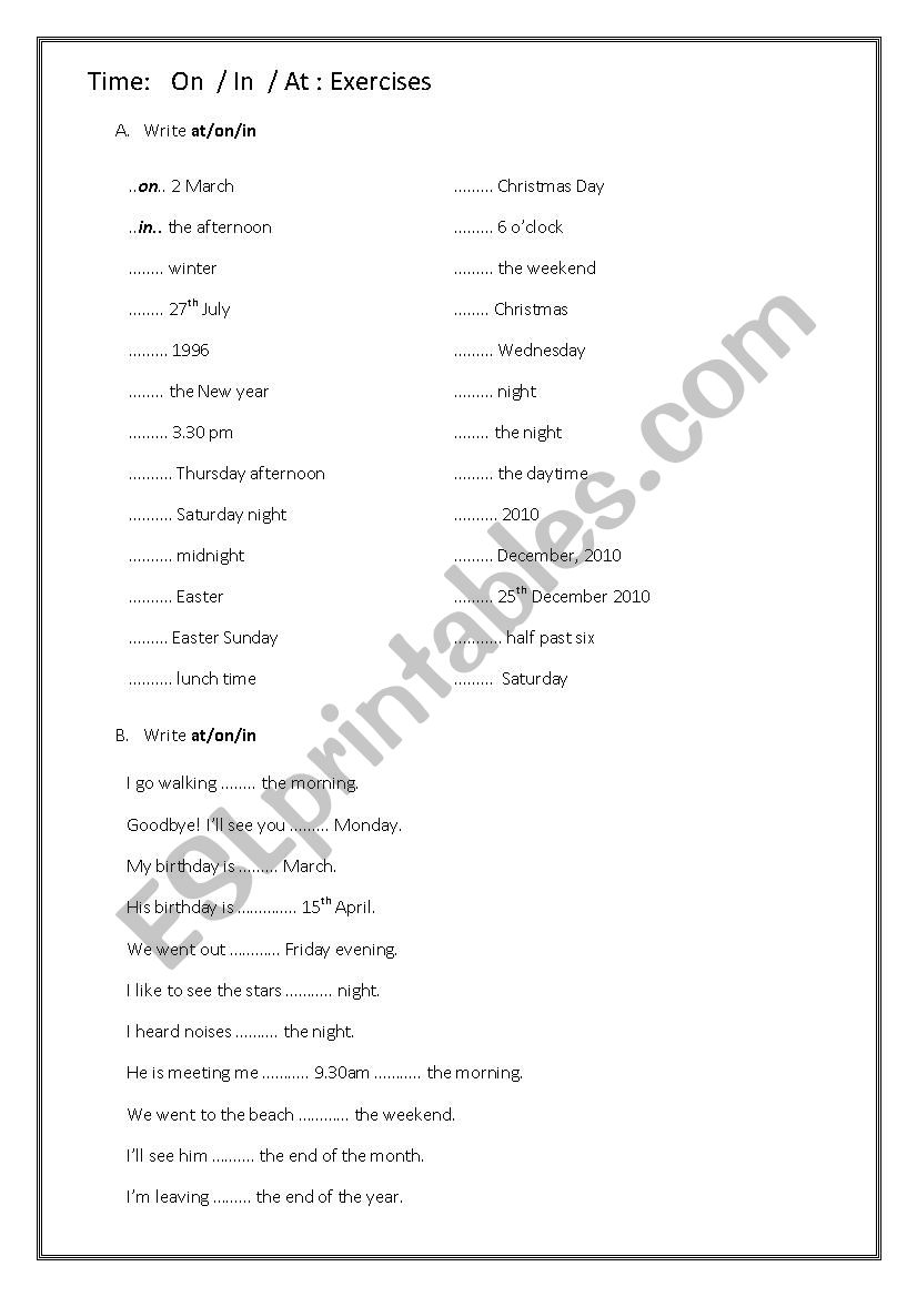 time prepositions worksheet