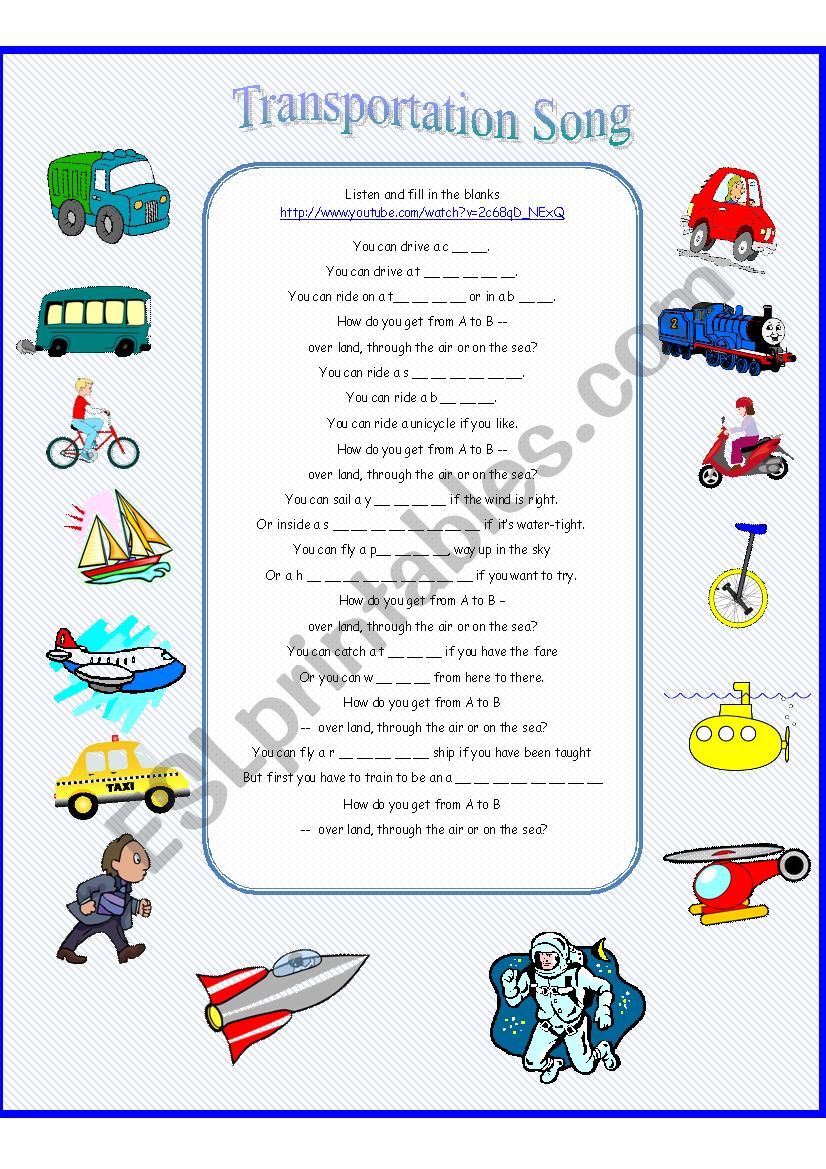 Transportation Song worksheet