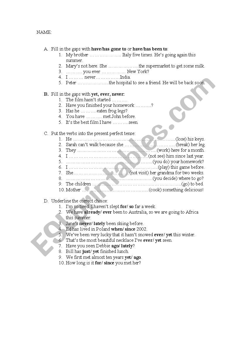 present perfect tense worksheet