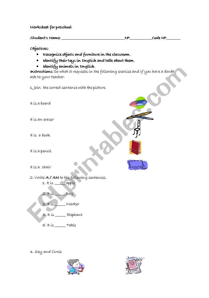 classroom objects and color worksheet