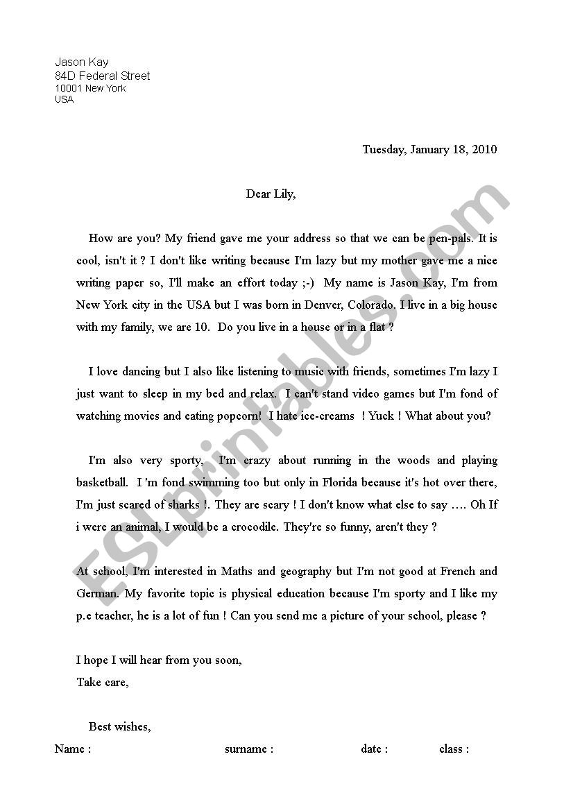 A letter to Lily worksheet