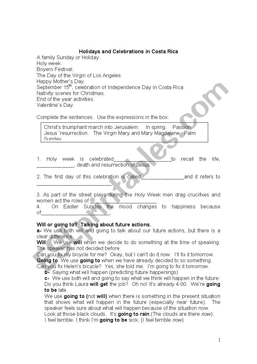 Holidays in Costa Rica worksheet