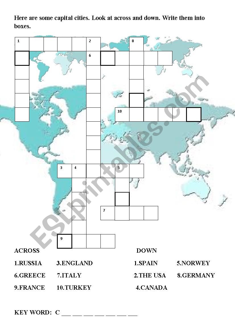 Capital Cities Across- down Puzzle