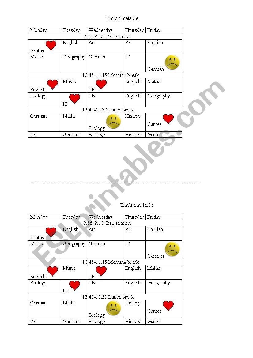 A students timetable worksheet