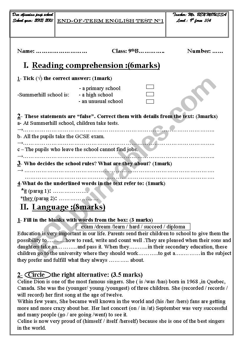 9th year end term test n1 worksheet