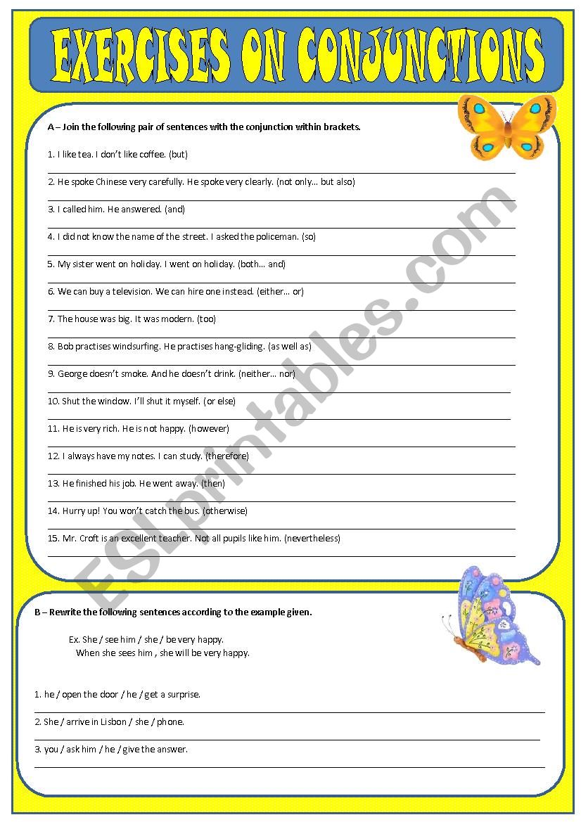 Conjunctions - exercises worksheet