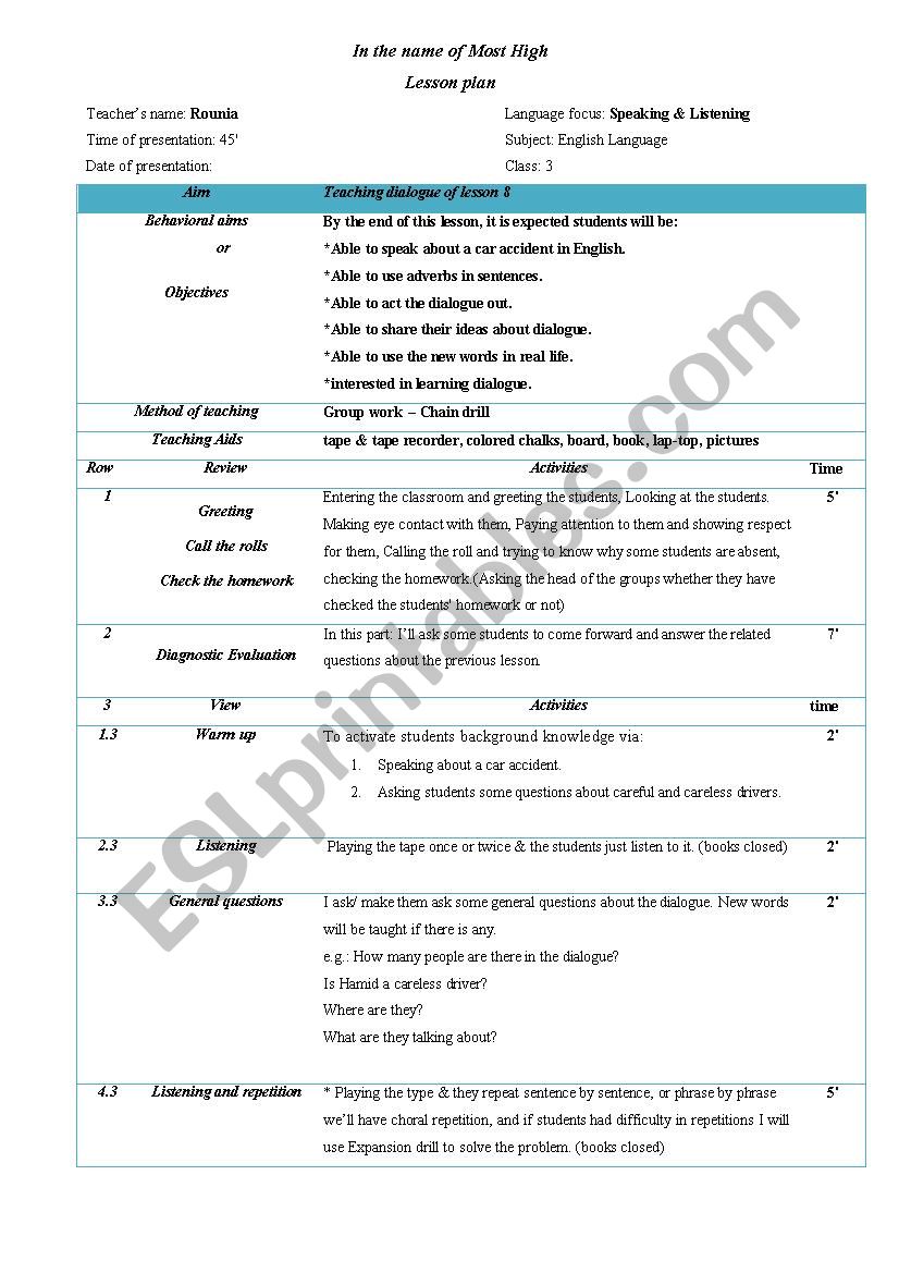 Lesson plan /Dialogue of Iranian English book 3