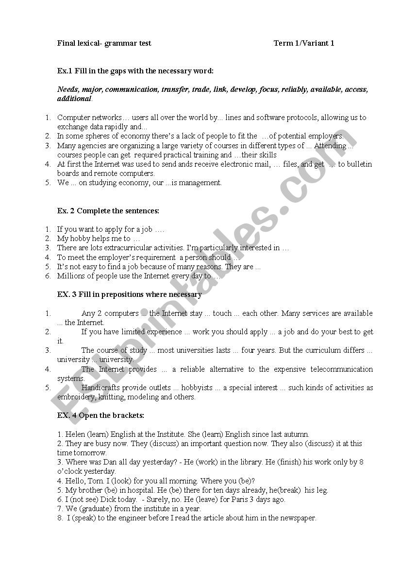 Lexical-Grammar test worksheet