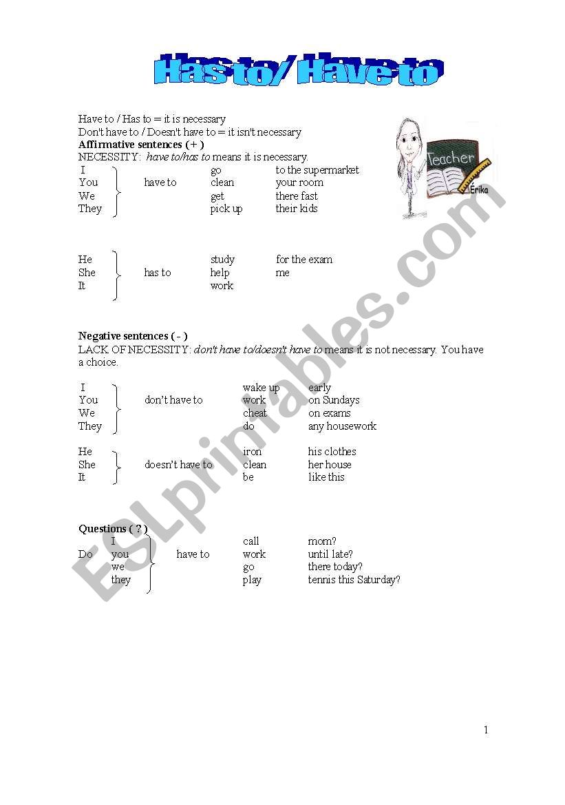 Have to - Has to worksheet