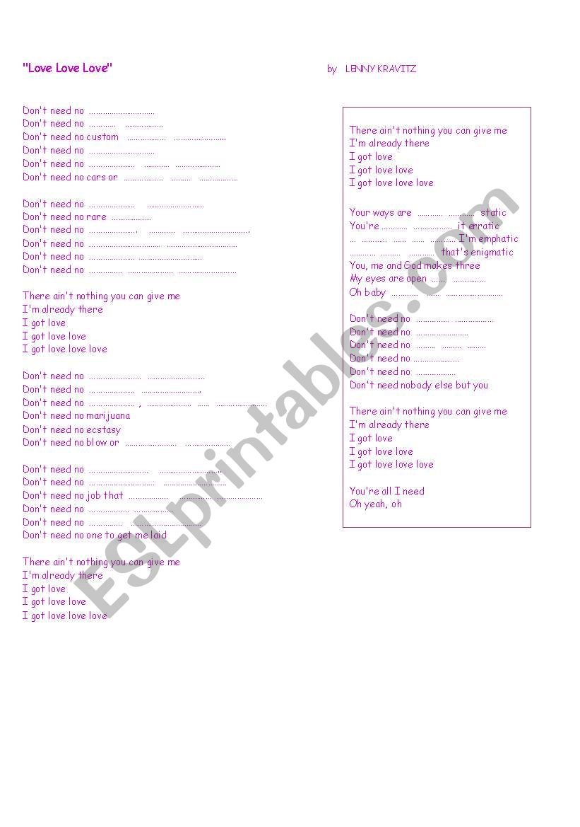 Song : Love,Love,Love worksheet