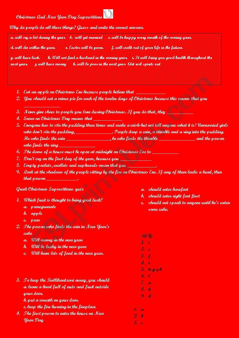 Christmas superstitions worksheet