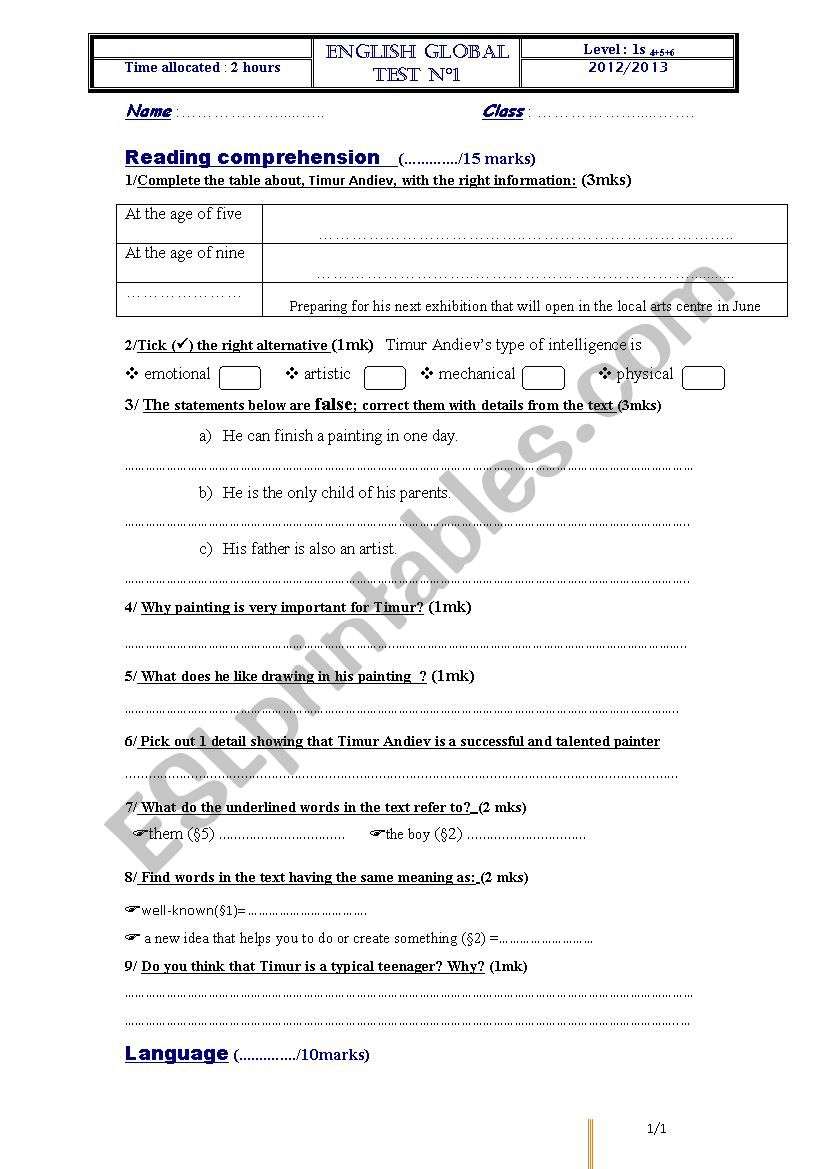 mis term test N°1 - ESL worksheet by ladyrosa