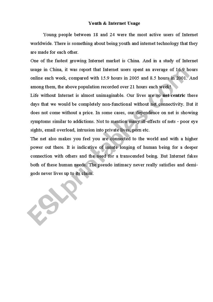 Text about youth and internet worksheet
