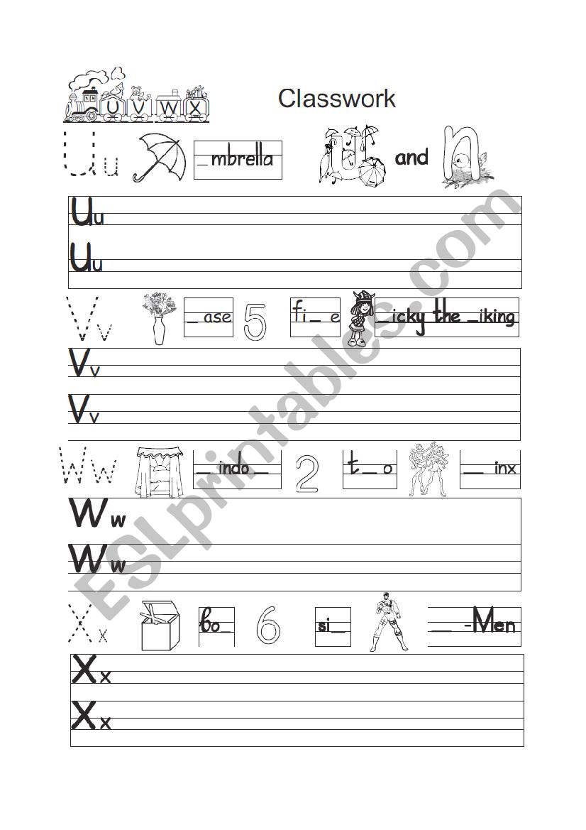 Writing letters u,v,w,x worksheet