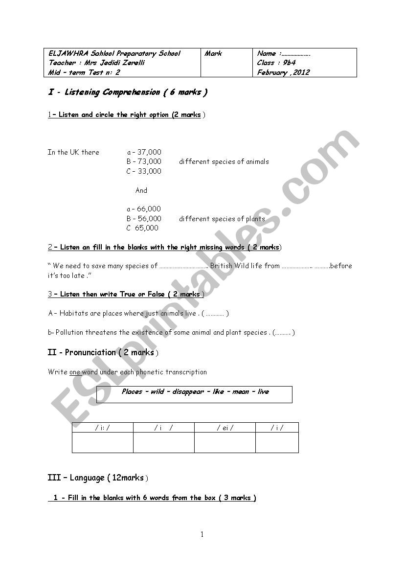 mid-term test n: 3 worksheet