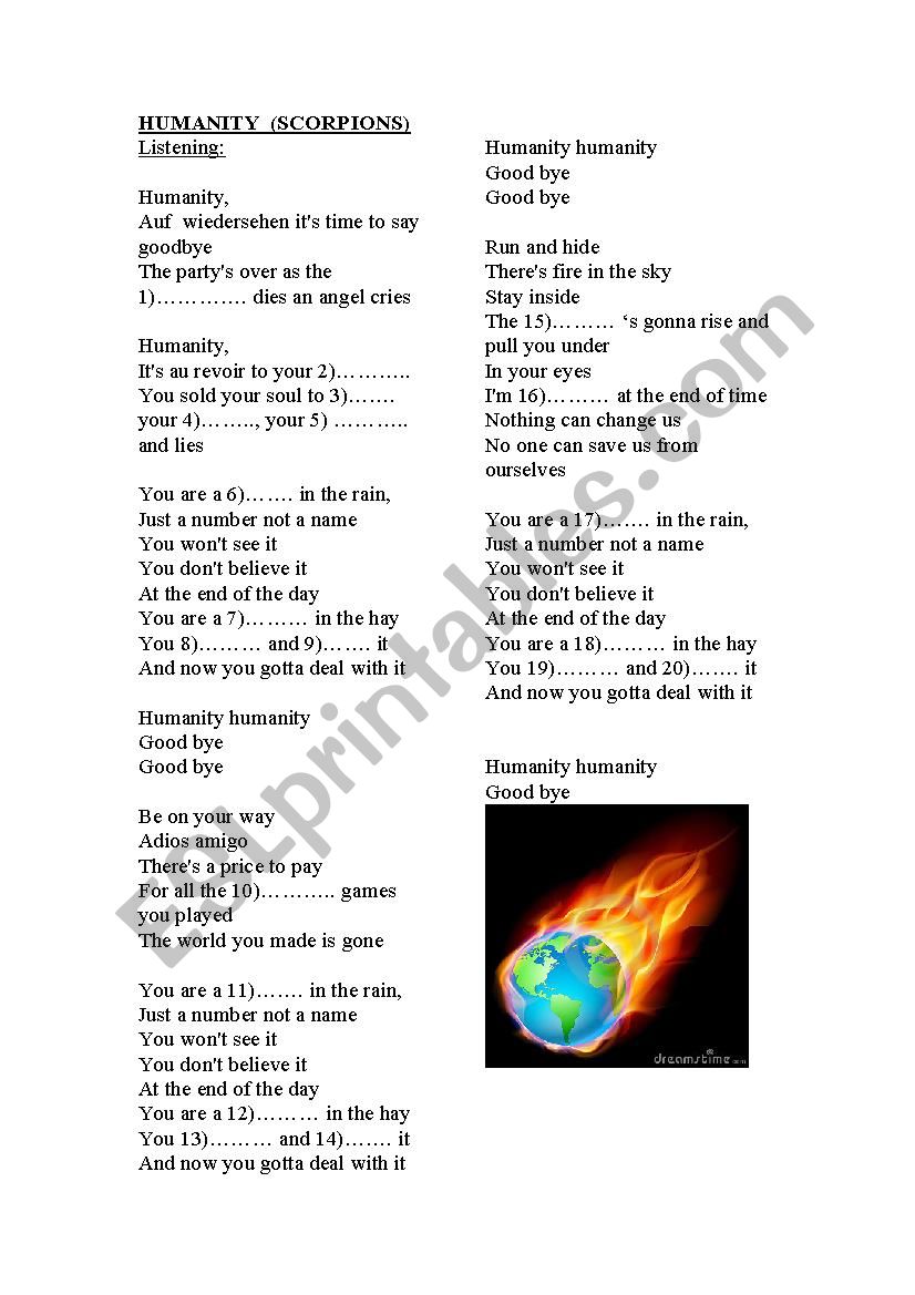 HUMANITY A SONG BY SCORPIONS worksheet