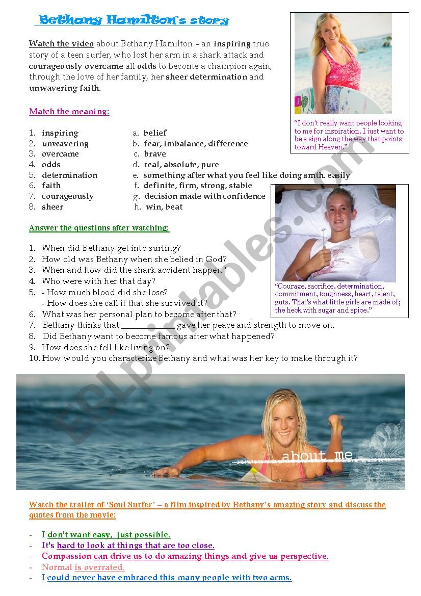 Bethany HamiltonÂ´s story worksheet