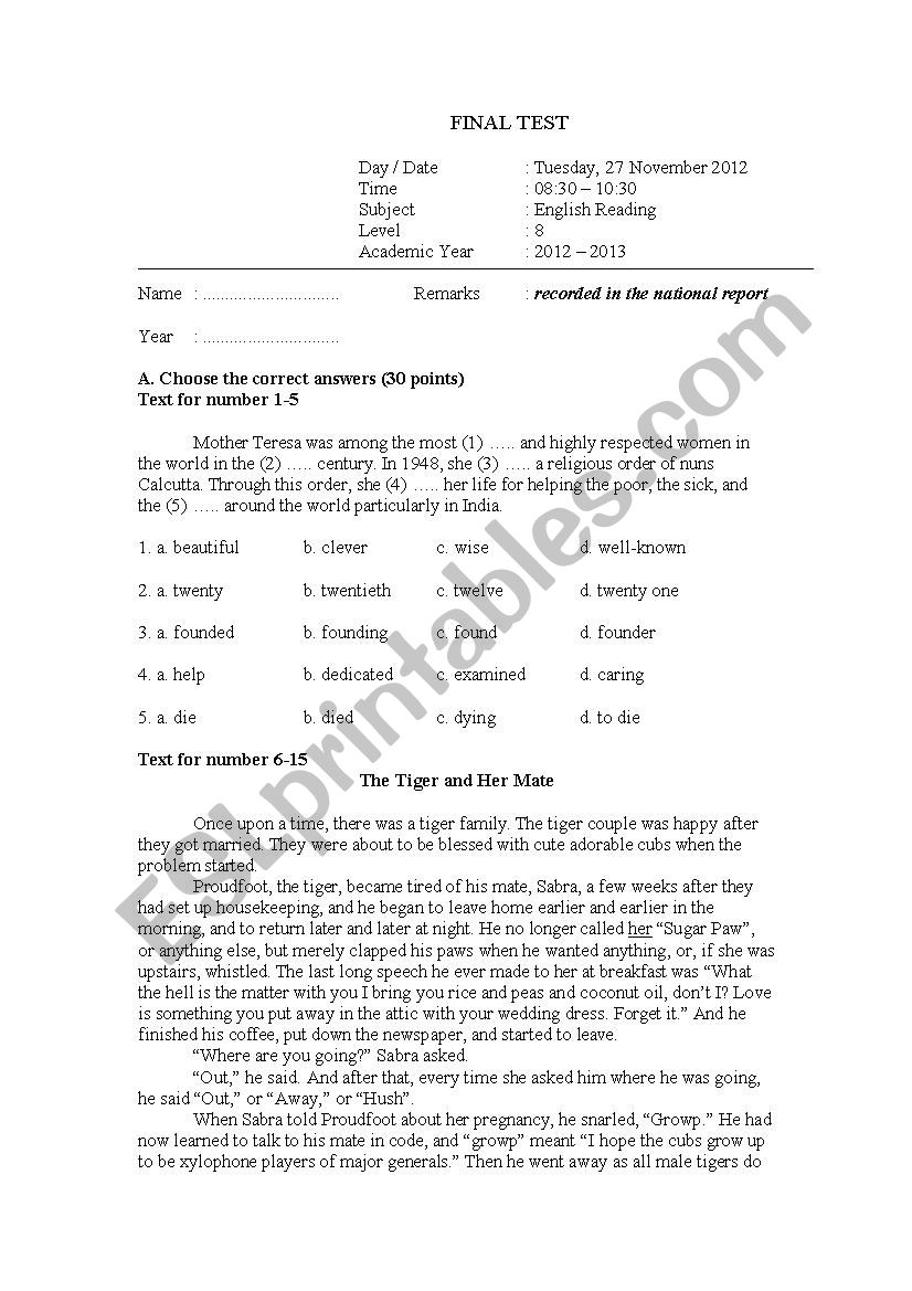 English Final Test for year 8 worksheet