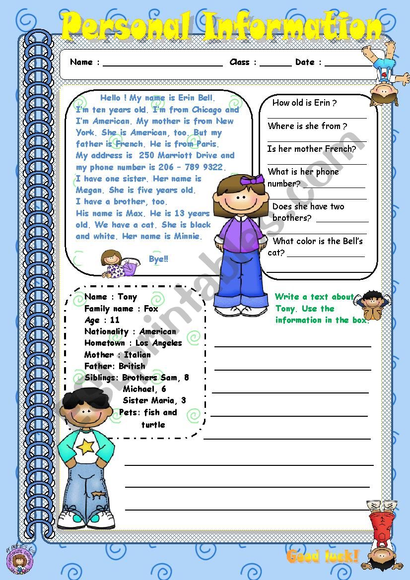 Personal information worksheet