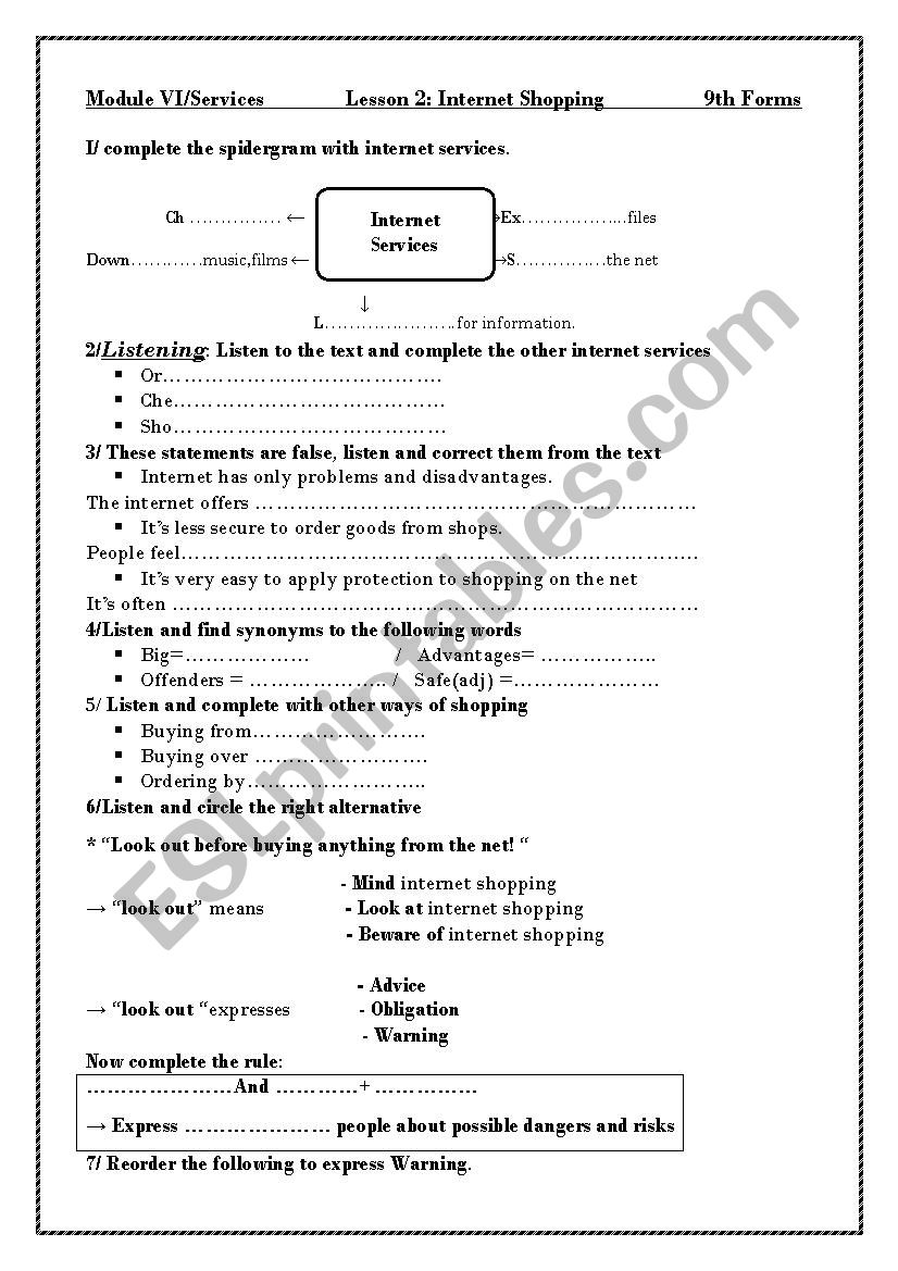 Internet shopping  worksheet