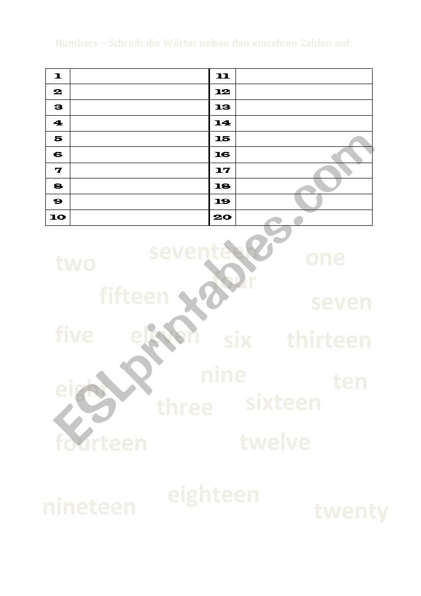 Numbers worksheet