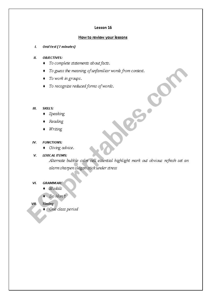 How to review you lessons worksheet