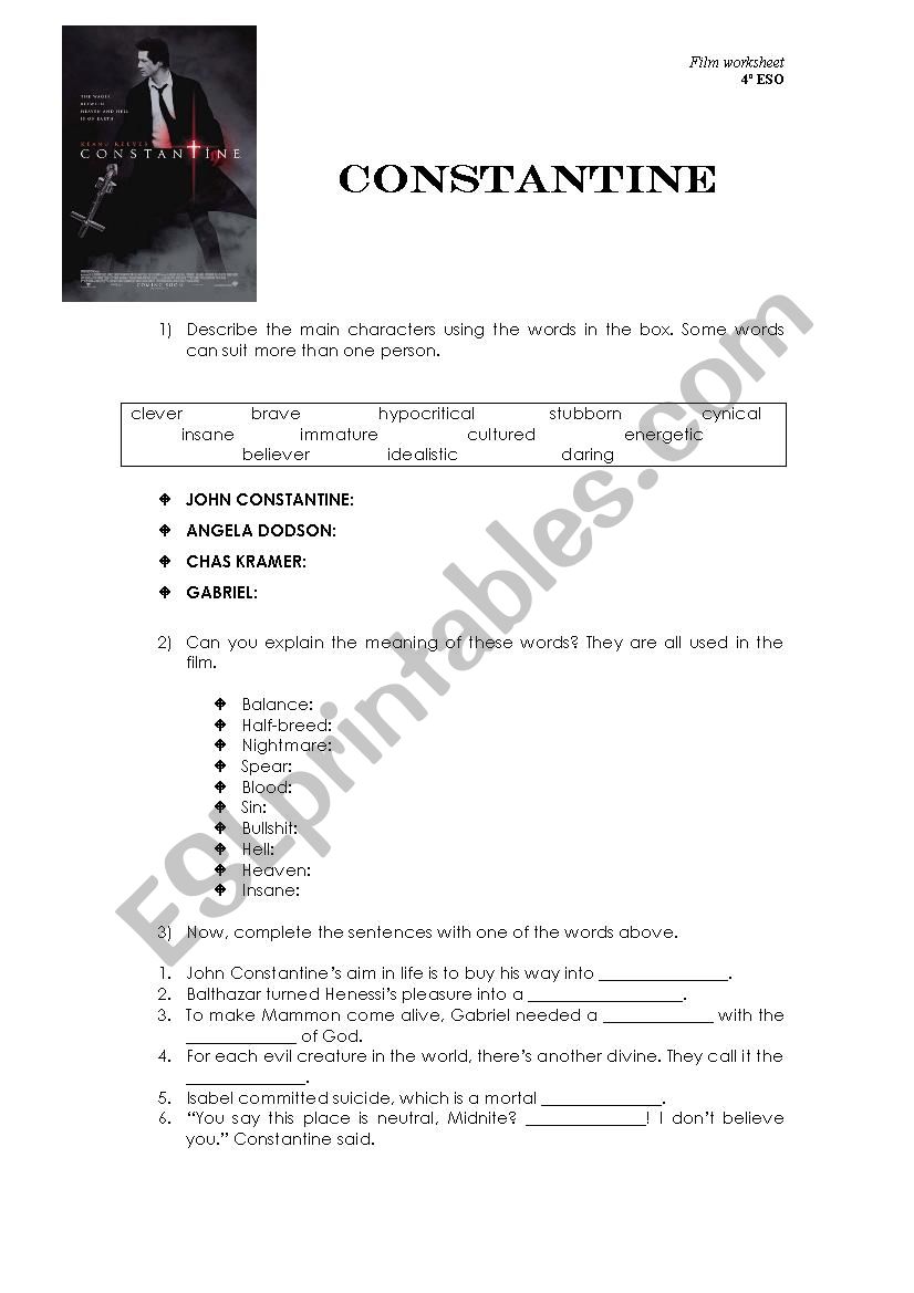 Constantine Film Worksheet worksheet