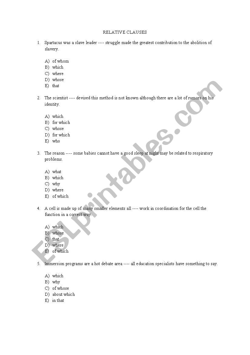 Relative Clauses Multiple Choice Test