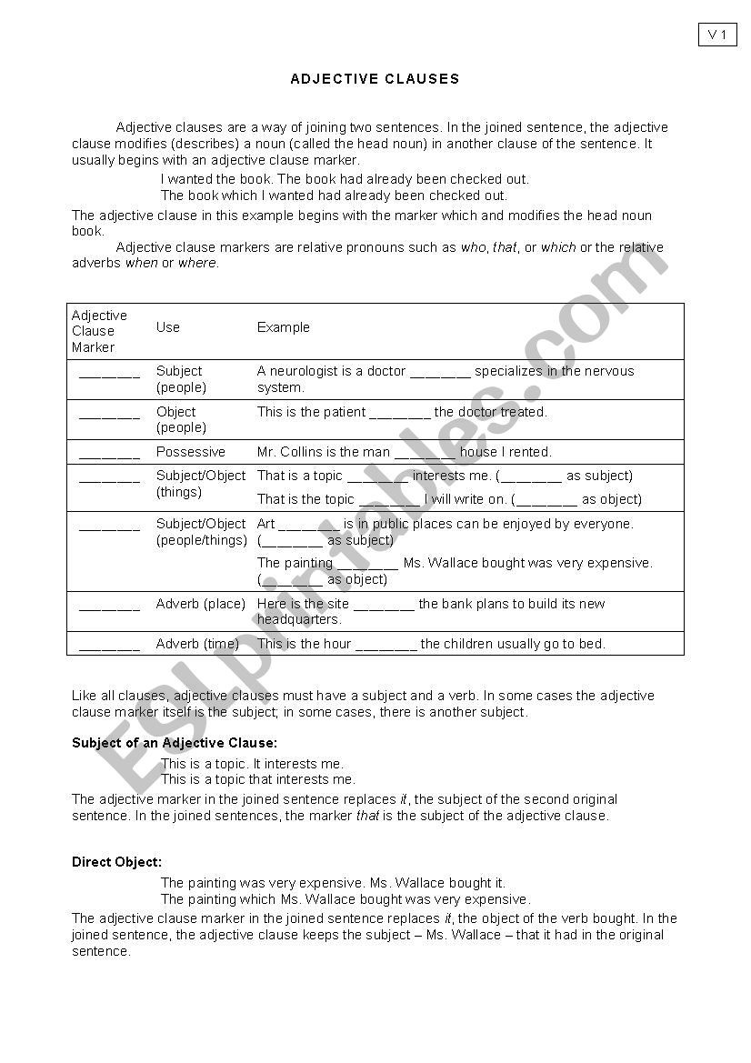 Adjective Clause worksheet