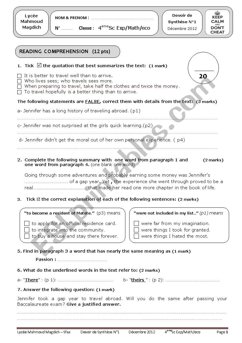 english test 4th form first term tunisian school