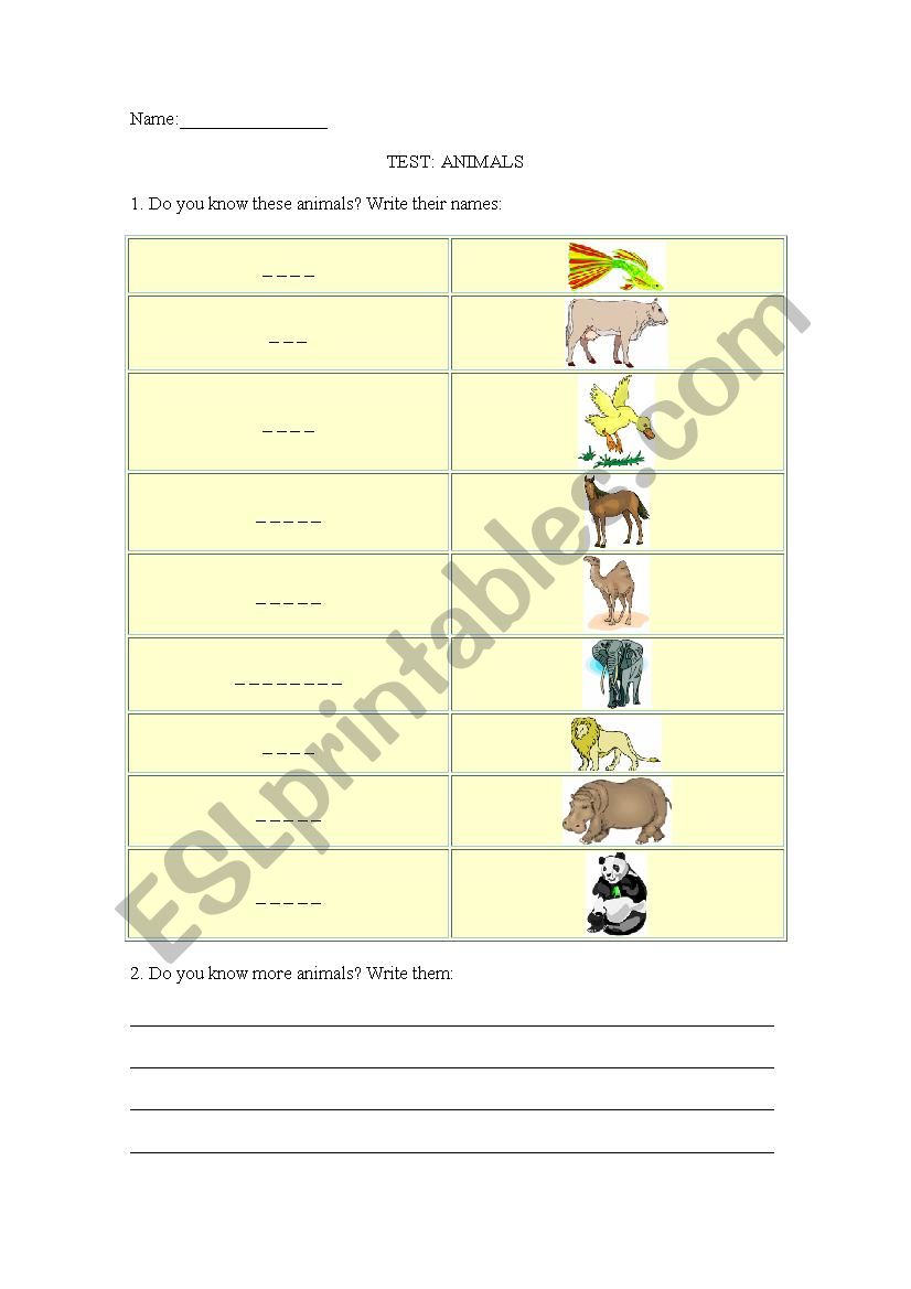 animals. write the name worksheet