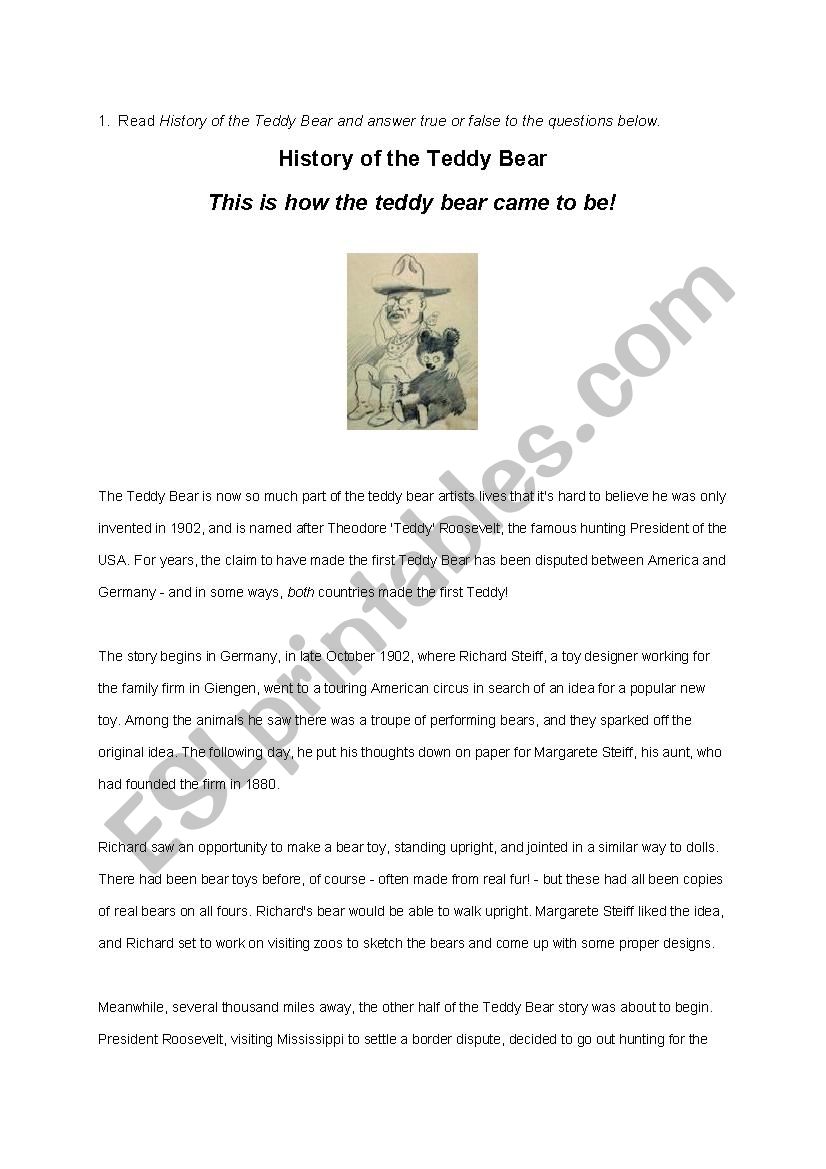 History of the Teddy Bear Reading Comprehension