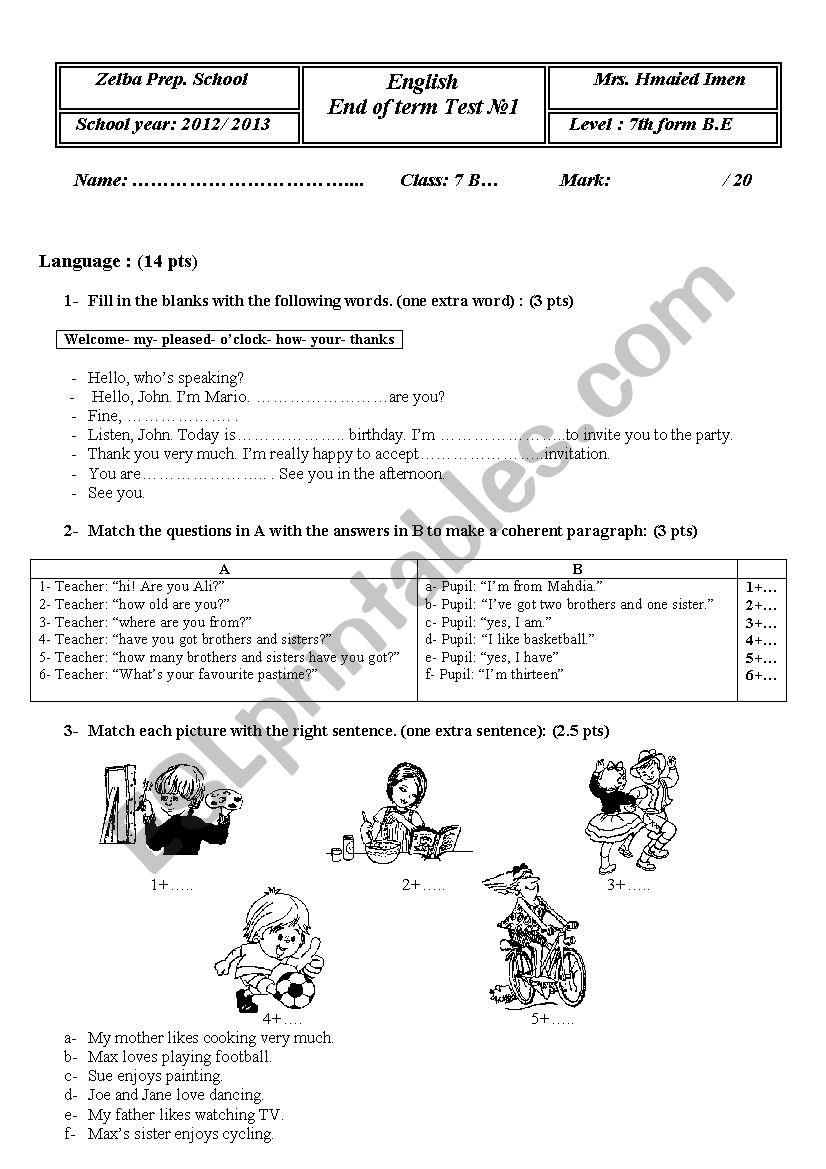 test for 7th form  worksheet