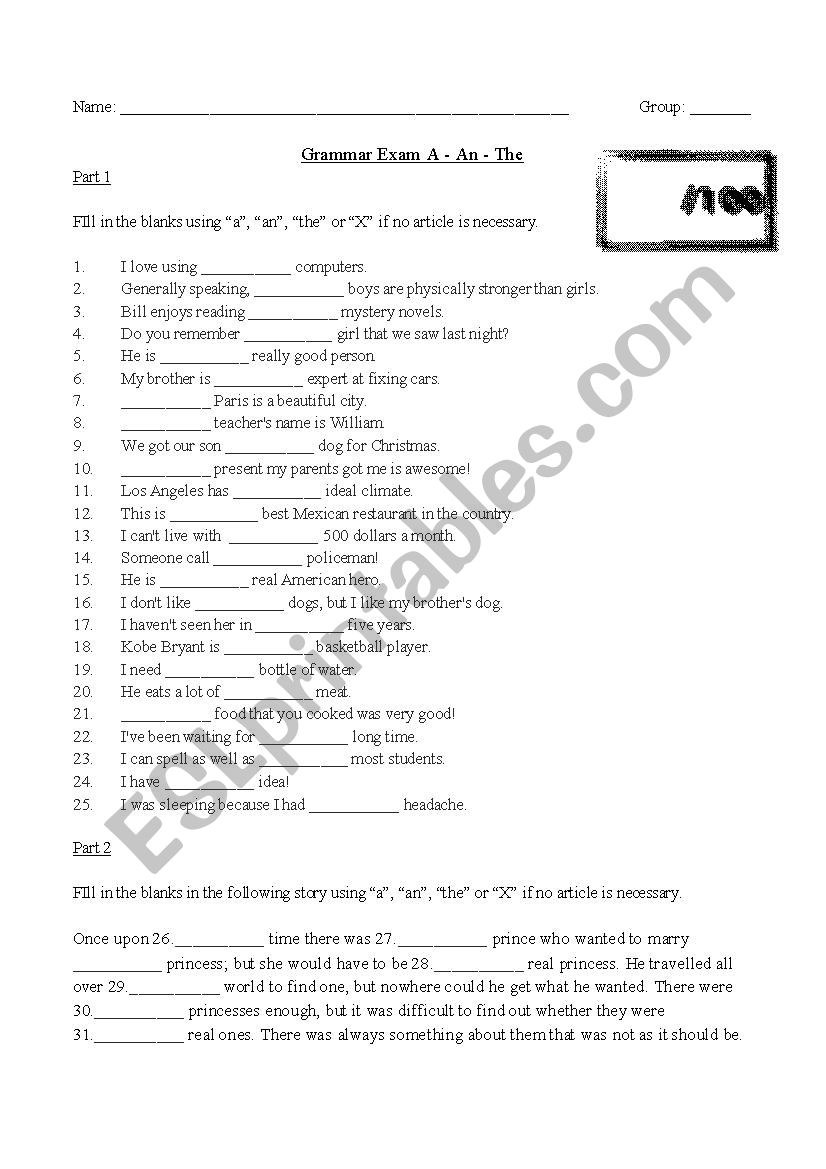 A, An, The - Exam worksheet