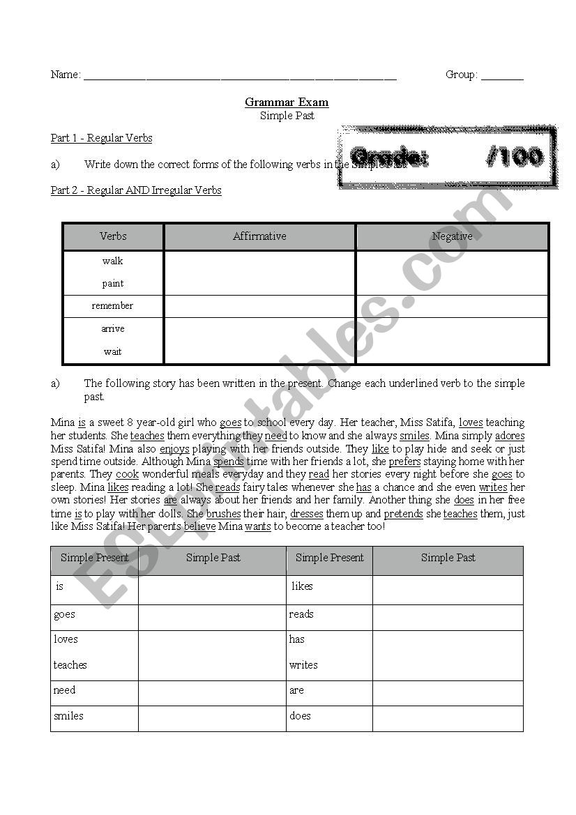 Simple Past - Exam worksheet