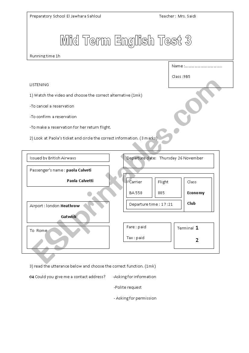Mid term test 3 9th formers worksheet