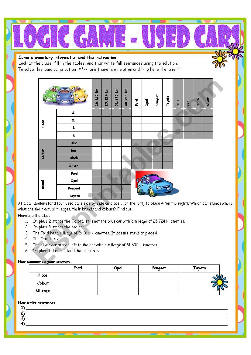 Logic Game No. 8 - Used Cars worksheet