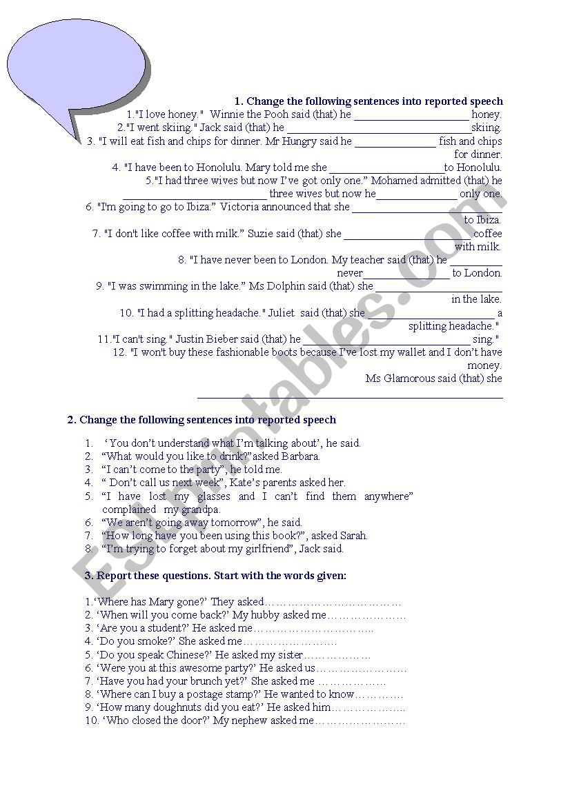 Reported speech worksheet